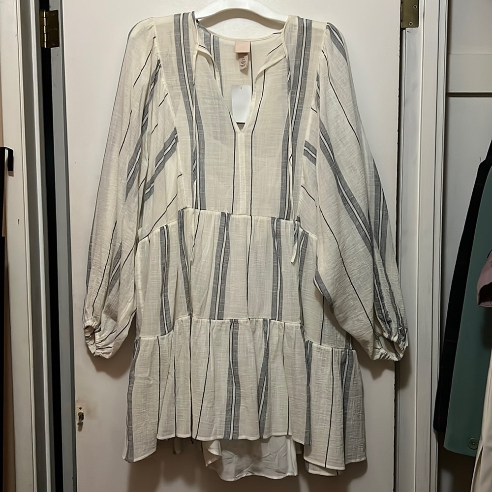 H&M striped blue white linen tent dress balloon sleeves V neck size Medium Large